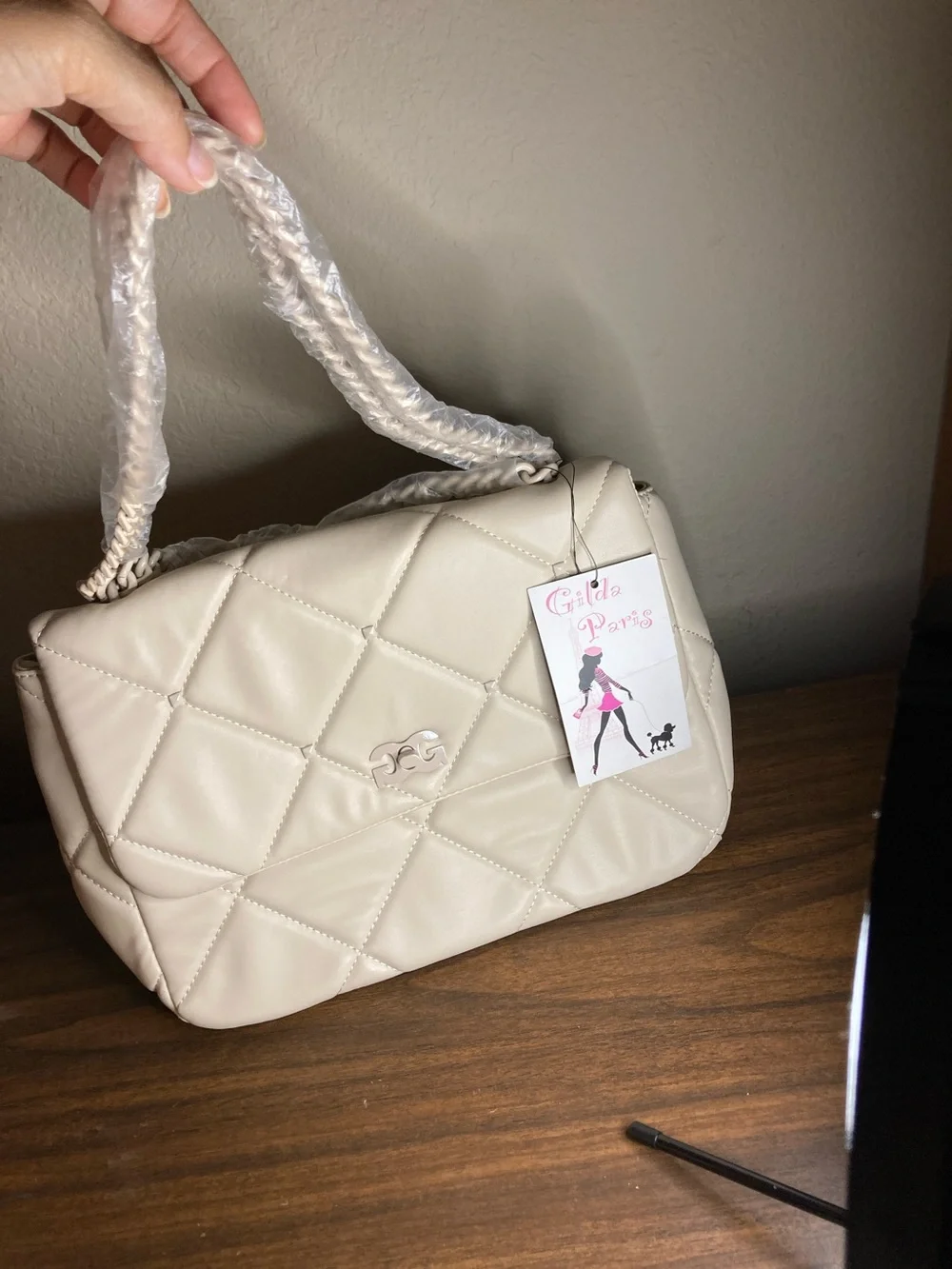 Gilda Paris Cream Quilted Shoulder Bag with Braided Handle